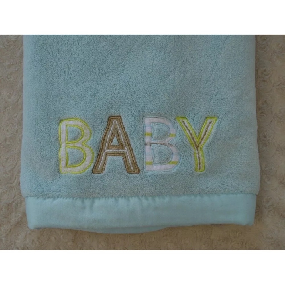 Carter's Baby Word Letter Blanket Blue Edge White Green Tan Plush Security Lovey